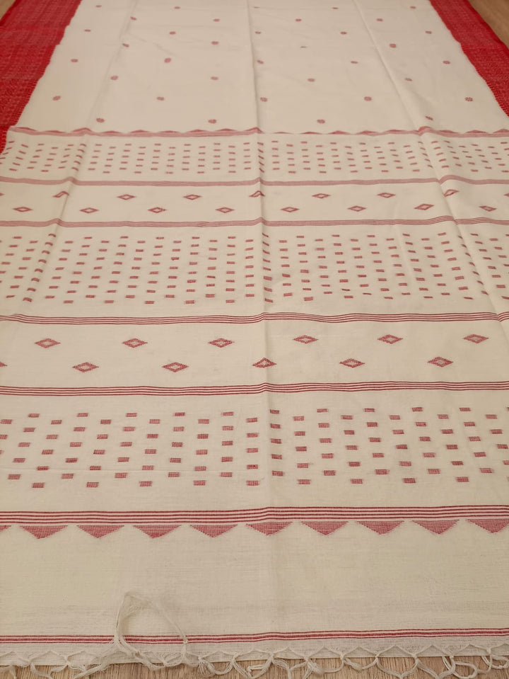 Off-White & Red Traditional Soft Handloom Cotton Saree Balaram Saha