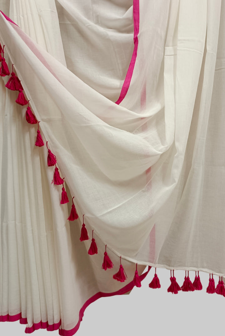 White & Purple Soft Handloom Mull Cotton Saree Balaram Saha