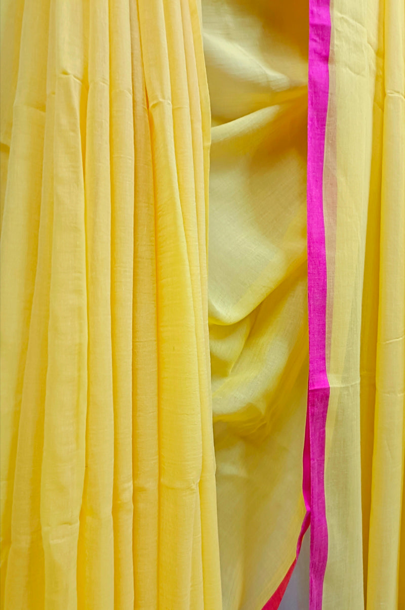 Yellow & Pink Soft Handloom Mull Cotton Saree Balaram Saha