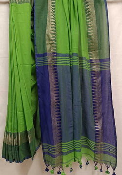Green body and Blue anchal Handloom Cotton Sari Balaram Saha