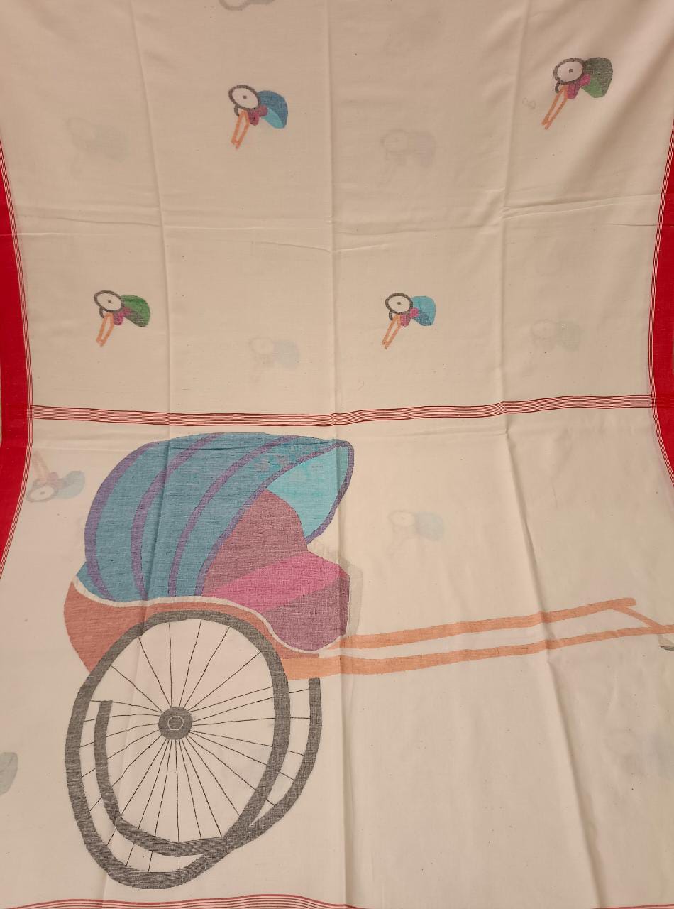 White & Red, handspun & handwoven Jamdani saree Balaram Saha