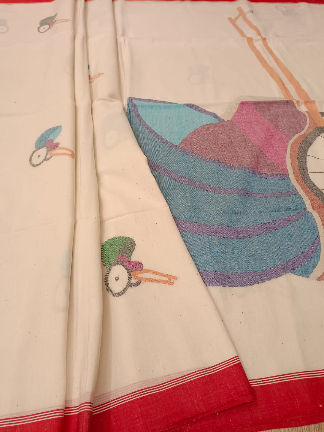 White & Red, handspun & handwoven Jamdani saree Balaram Saha