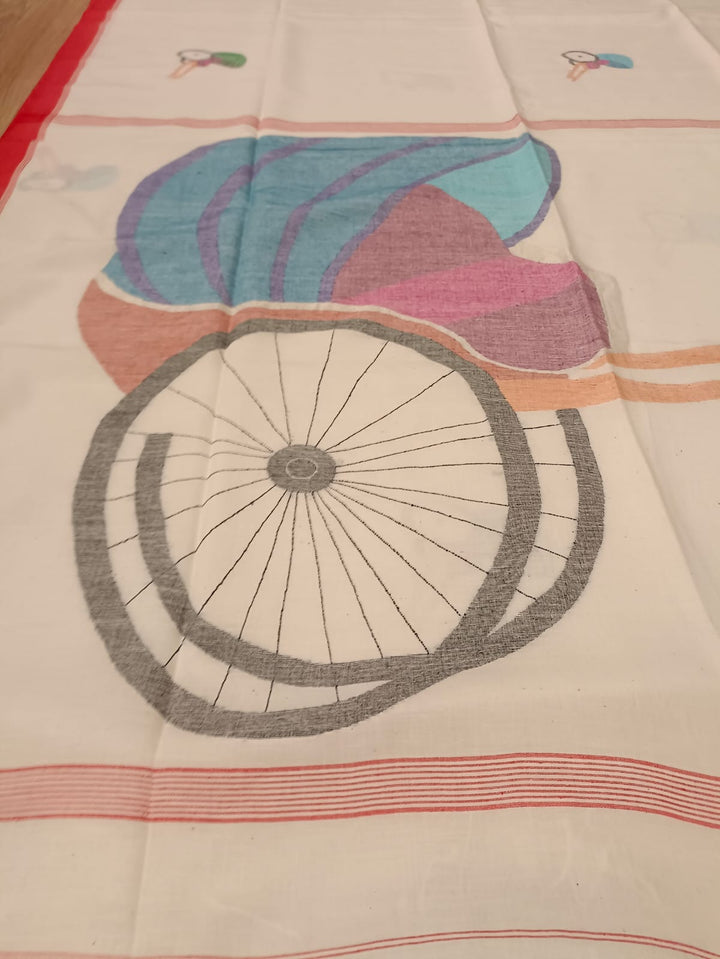 White & Red, handspun & handwoven Jamdani saree Balaram Saha