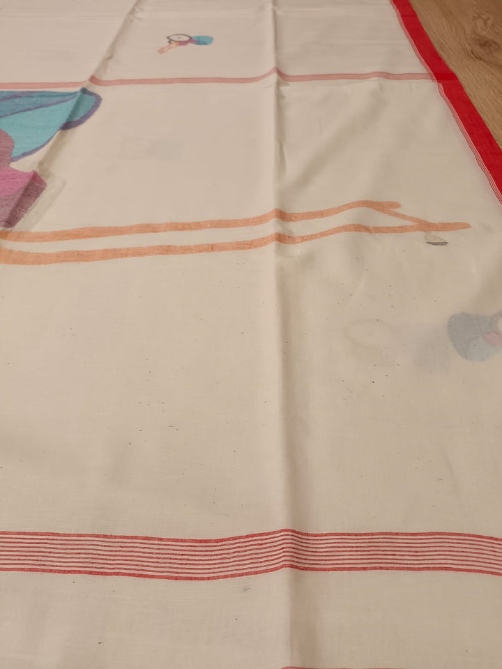 White & Red, handspun & handwoven Jamdani saree Balaram Saha