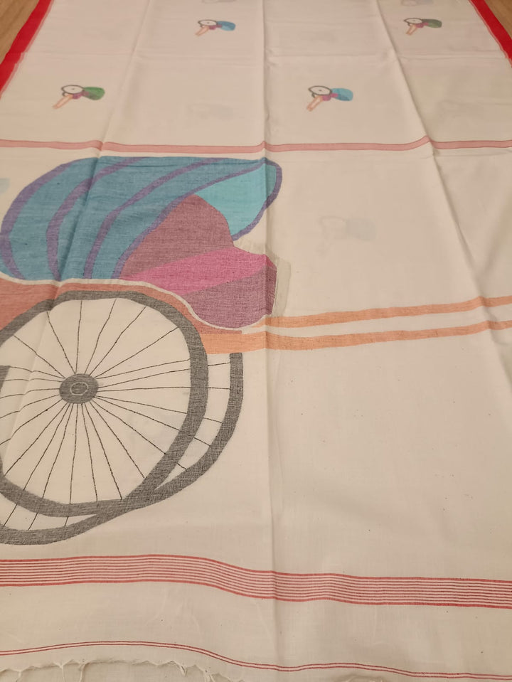 White & Red, handspun & handwoven Jamdani saree Balaram Saha