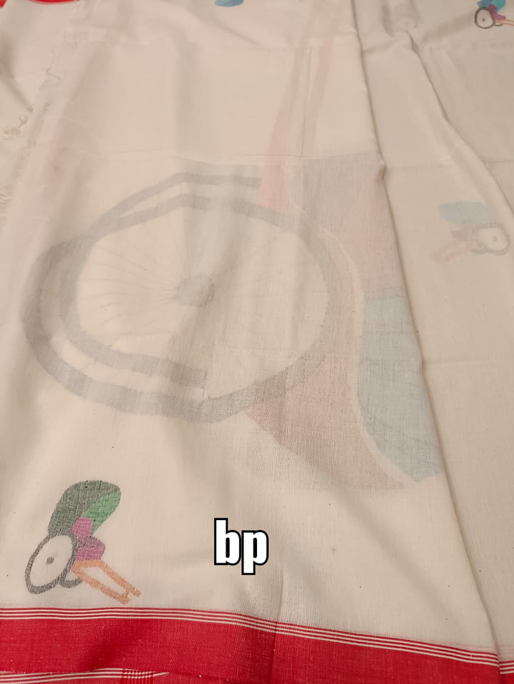 White & Red, handspun & handwoven Jamdani saree Balaram Saha