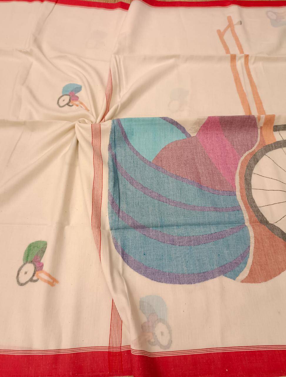 White & Red, handspun & handwoven Jamdani saree Balaram Saha