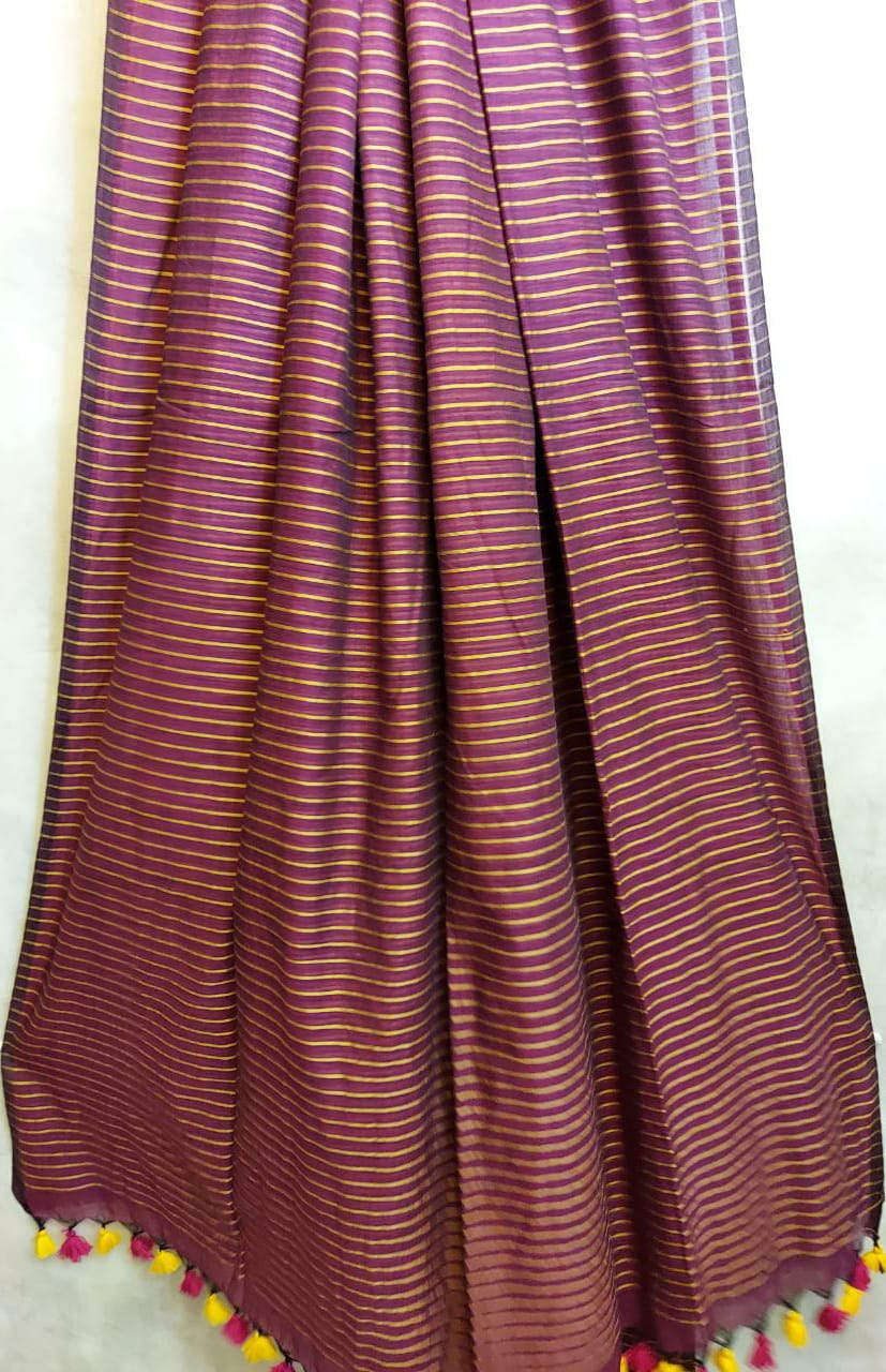Handloom Mull Cotton Saree, Purple Yellow Elegant Design Balaram Saha