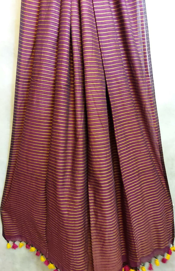 Handloom Mull Cotton Saree, Purple Yellow Elegant Design Balaram Saha