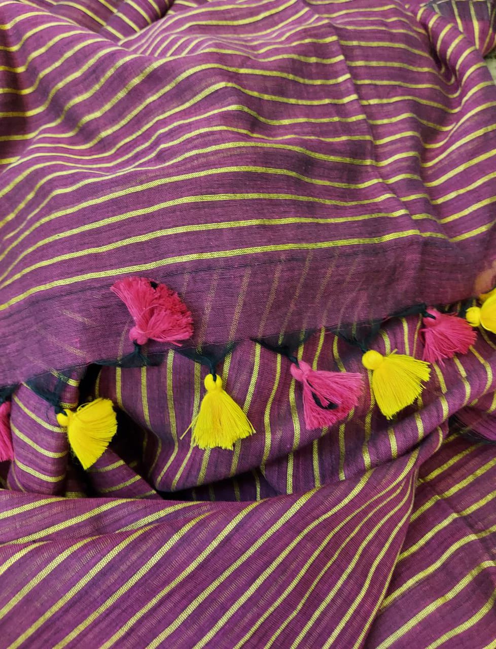 Handloom Mull Cotton Saree, Purple Yellow Elegant Design Balaram Saha