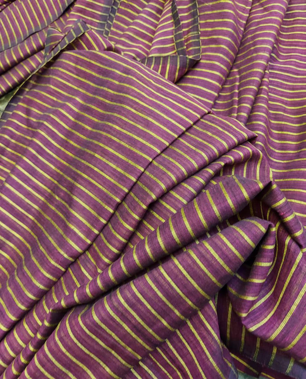 Handloom Mull Cotton Saree, Purple Yellow Elegant Design Balaram Saha