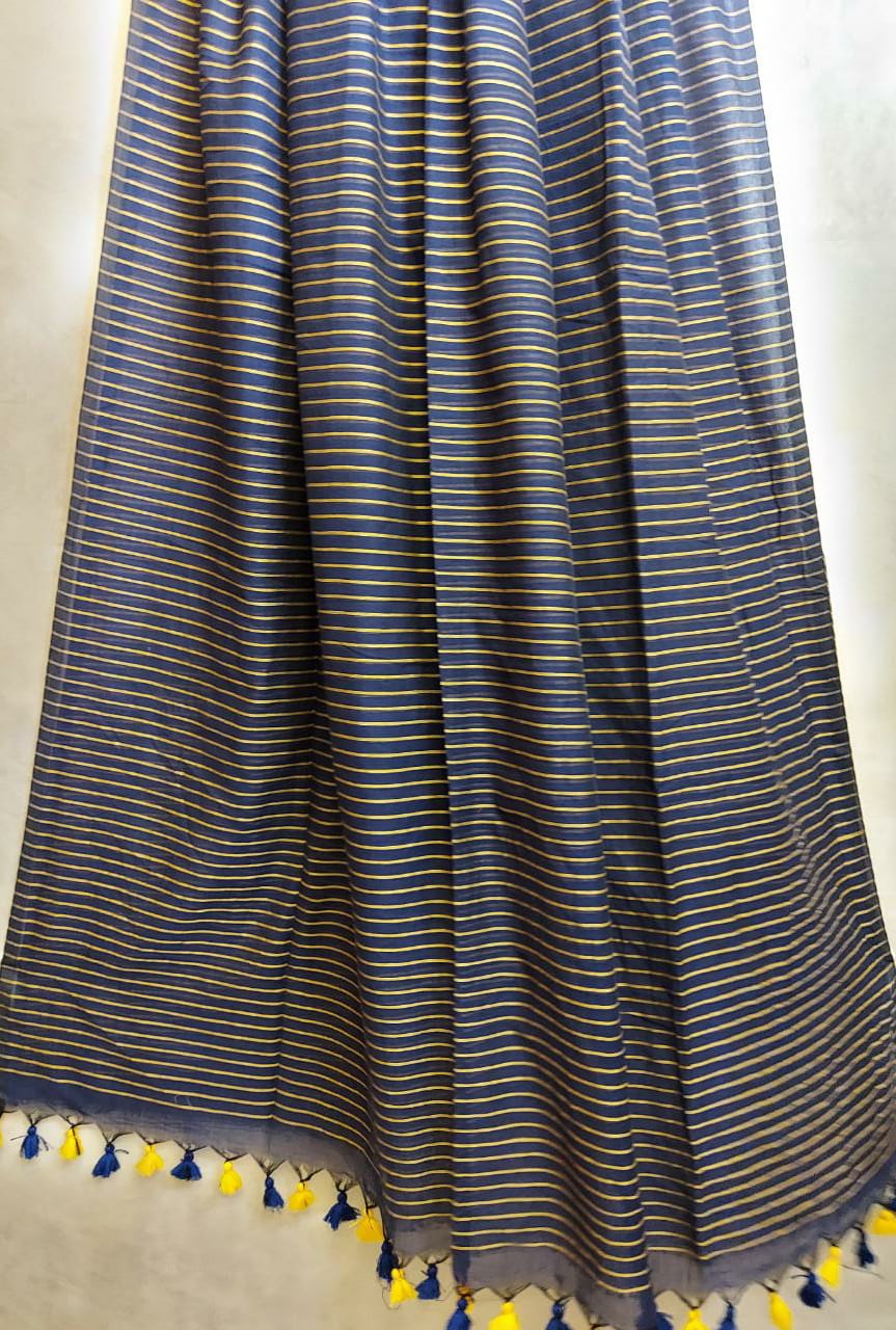 Handloom Mul Cotton Saree - Navy Blue & Yellow Mulmul - Balaram Saha