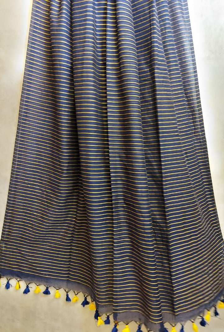 Handloom Mul Cotton Saree - Navy Blue & Yellow Mulmul - Balaram Saha