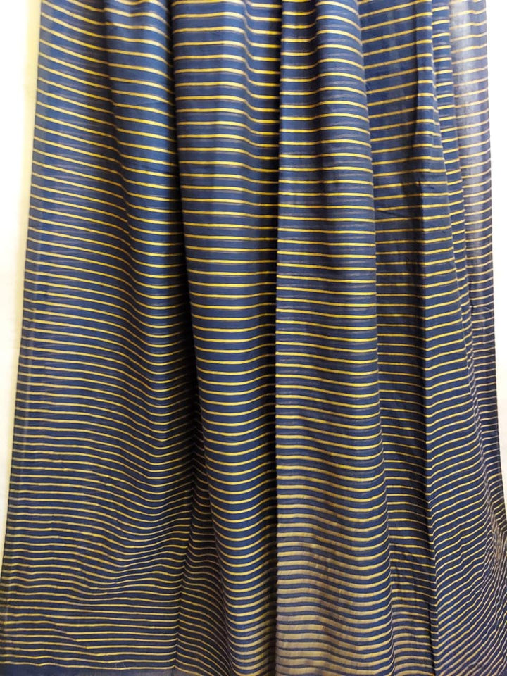 Handloom Mul Cotton Saree - Navy Blue & Yellow Mulmul - Balaram Saha