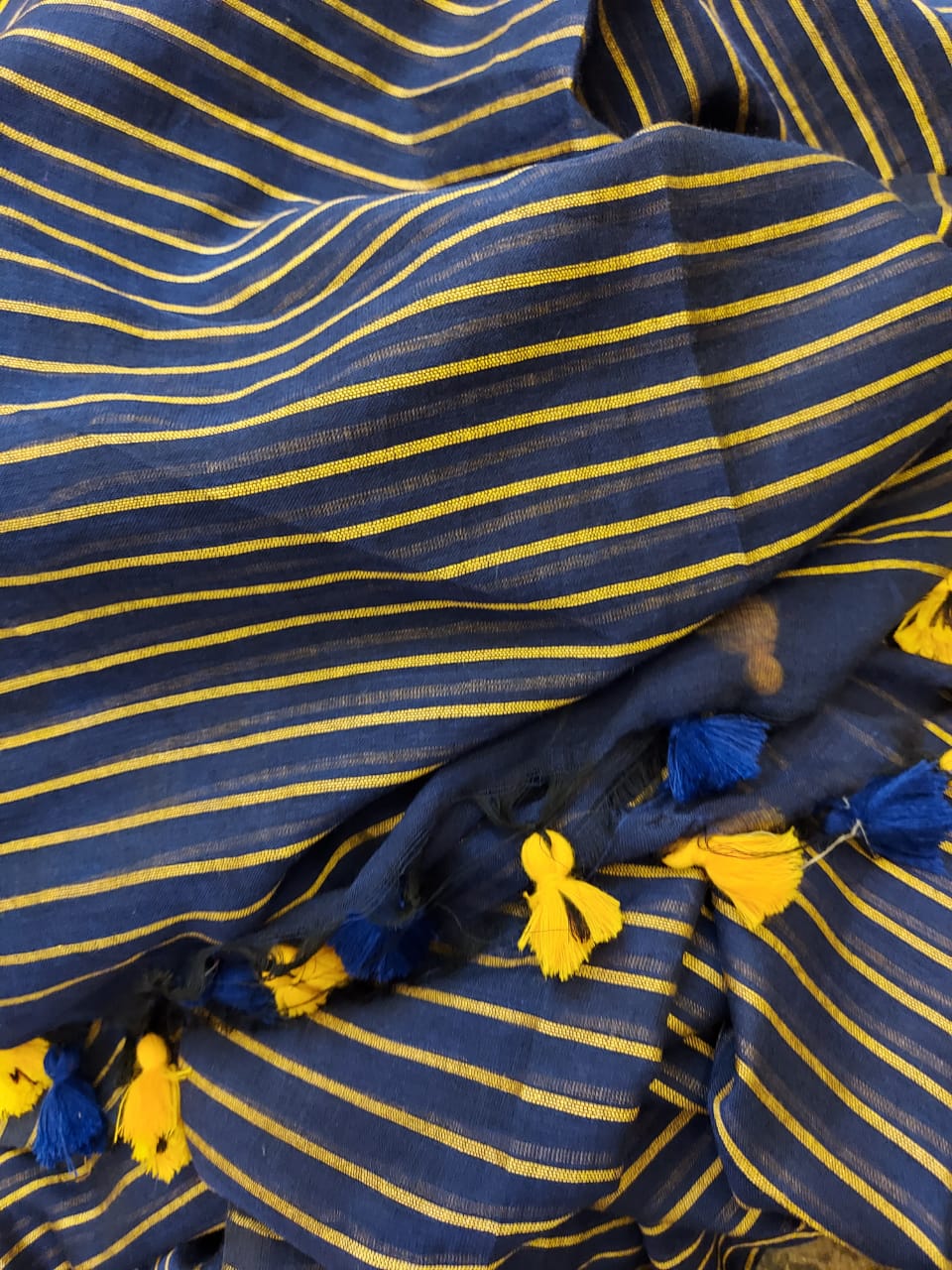 Handloom Mul Cotton Saree - Navy Blue & Yellow Mulmul - Balaram Saha