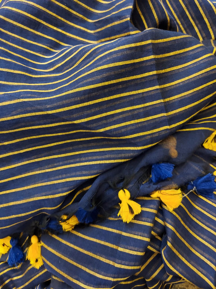 Handloom Mul Cotton Saree - Navy Blue & Yellow Mulmul - Balaram Saha