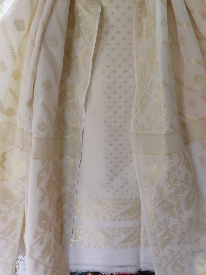 White & Gold Soft Cotton Handloom Unstitched 2 Piece Dkakai Set Balaram Saha