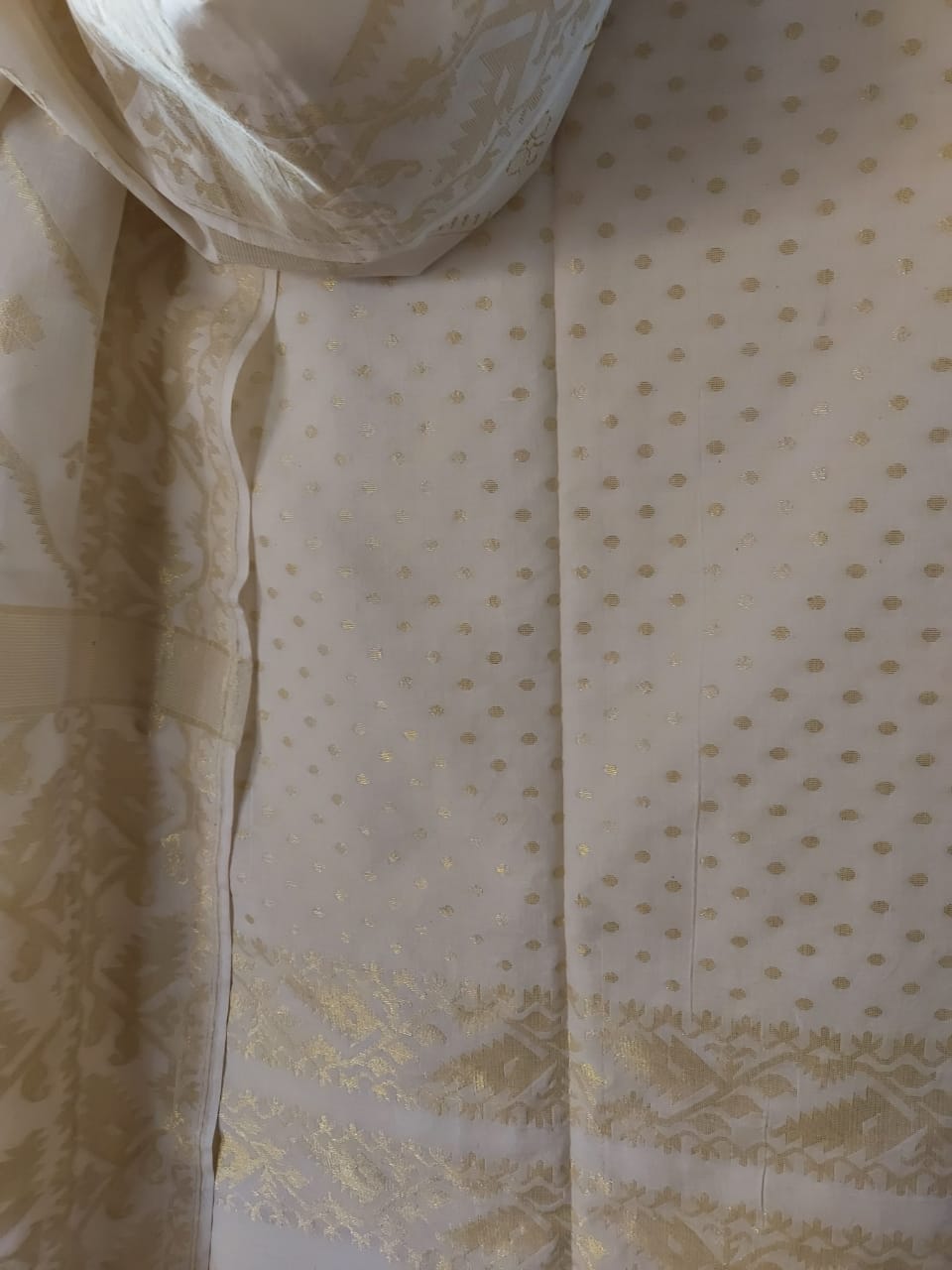 White & Gold Soft Cotton Handloom Unstitched 2 Piece Dkakai Set Balaram Saha