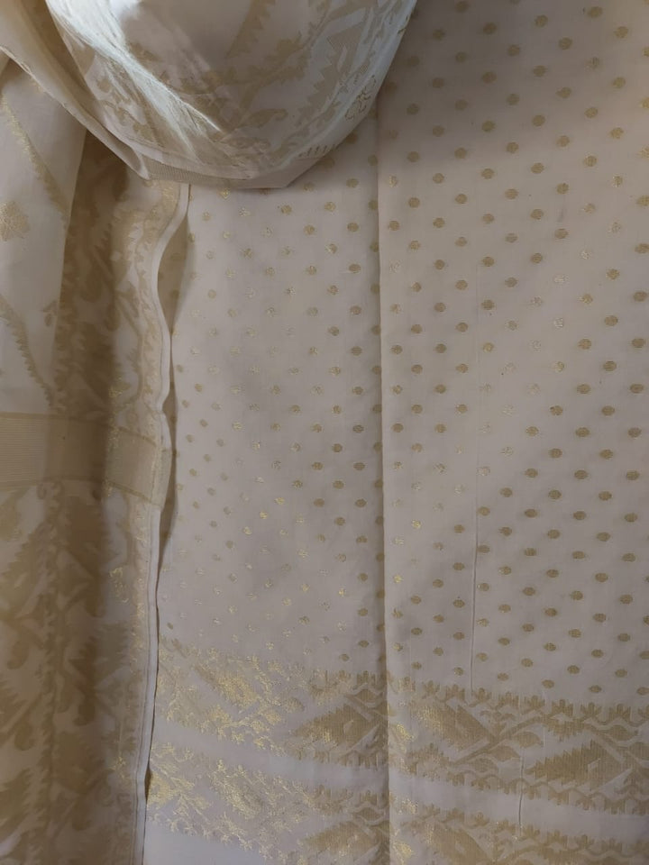 White & Gold Soft Cotton Handloom Unstitched 2 Piece Dkakai Set Balaram Saha