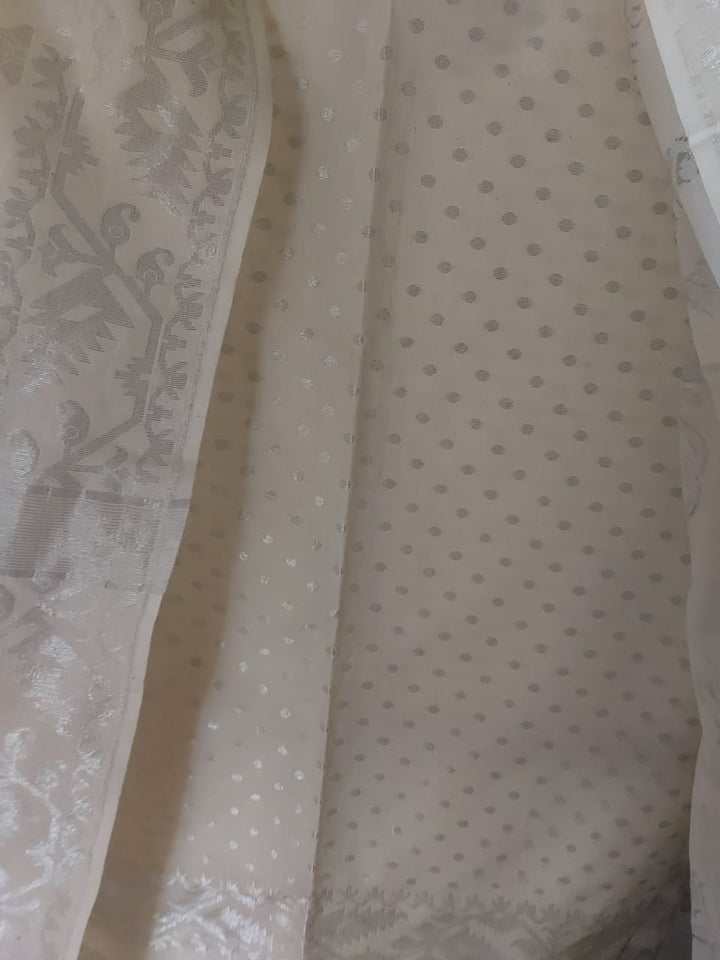 White & Silver Zari Soft Cotton Handloom Unstitched 2 Piece Balaram Saha