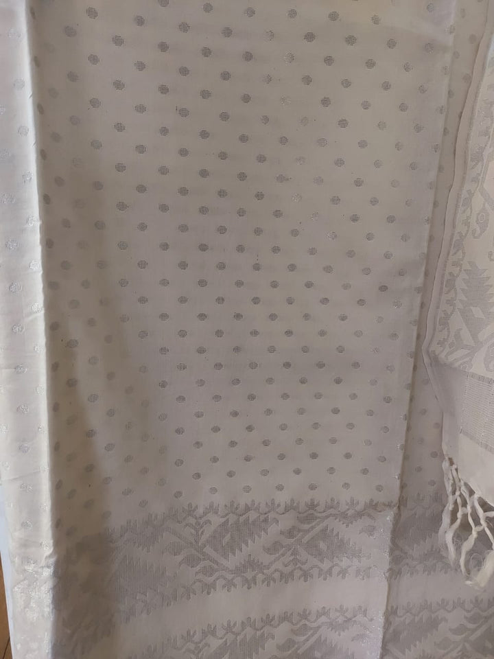 White & Silver Zari Soft Cotton Handloom Unstitched 2 Piece Balaram Saha