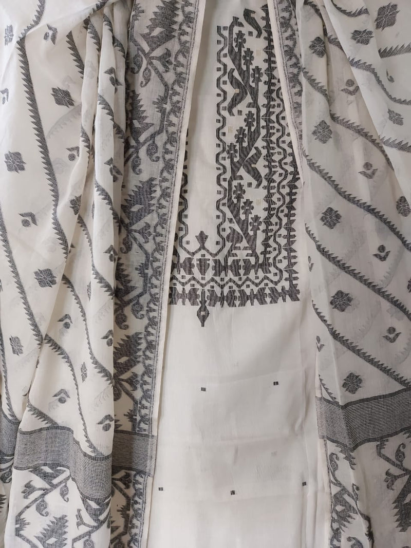 Soft Cotton Unstitched White & Black Dhakai 2 Piece Set Balaram Saha
