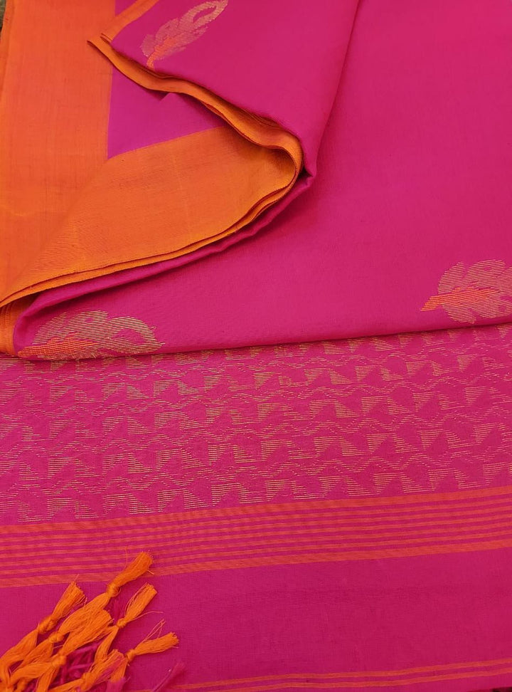 Khadi Cotton Saree in Rani Pink & Orange by Balaram Saha - Timeless Charm