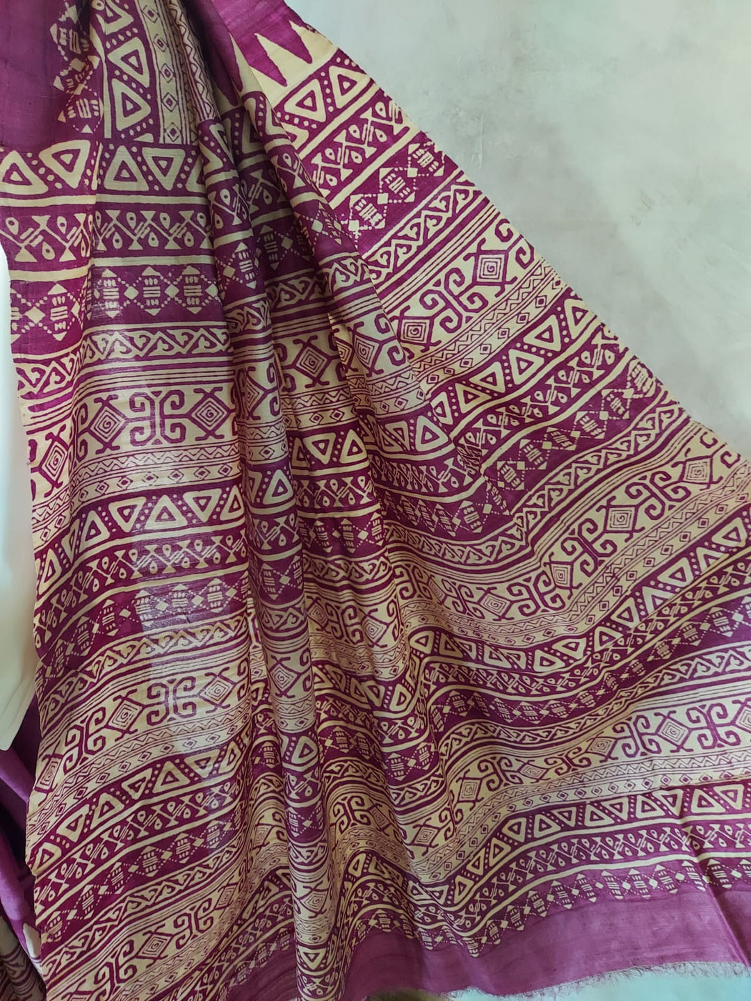 Tussar Silk Handblock Print Saree in Magenta & Beige By Balaram Saha