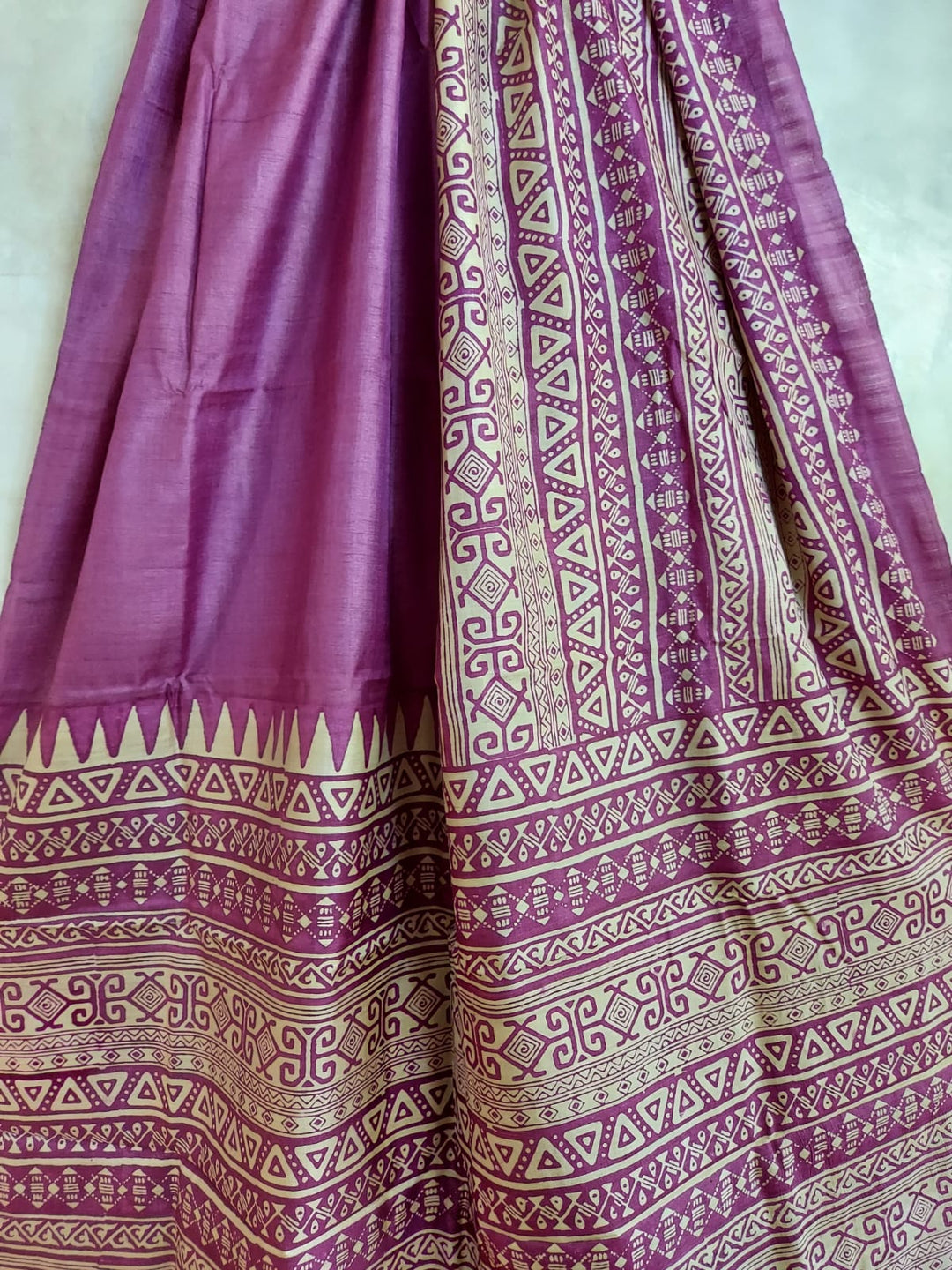 Tussar Silk Handblock Print Saree in Magenta & Beige By Balaram Saha
