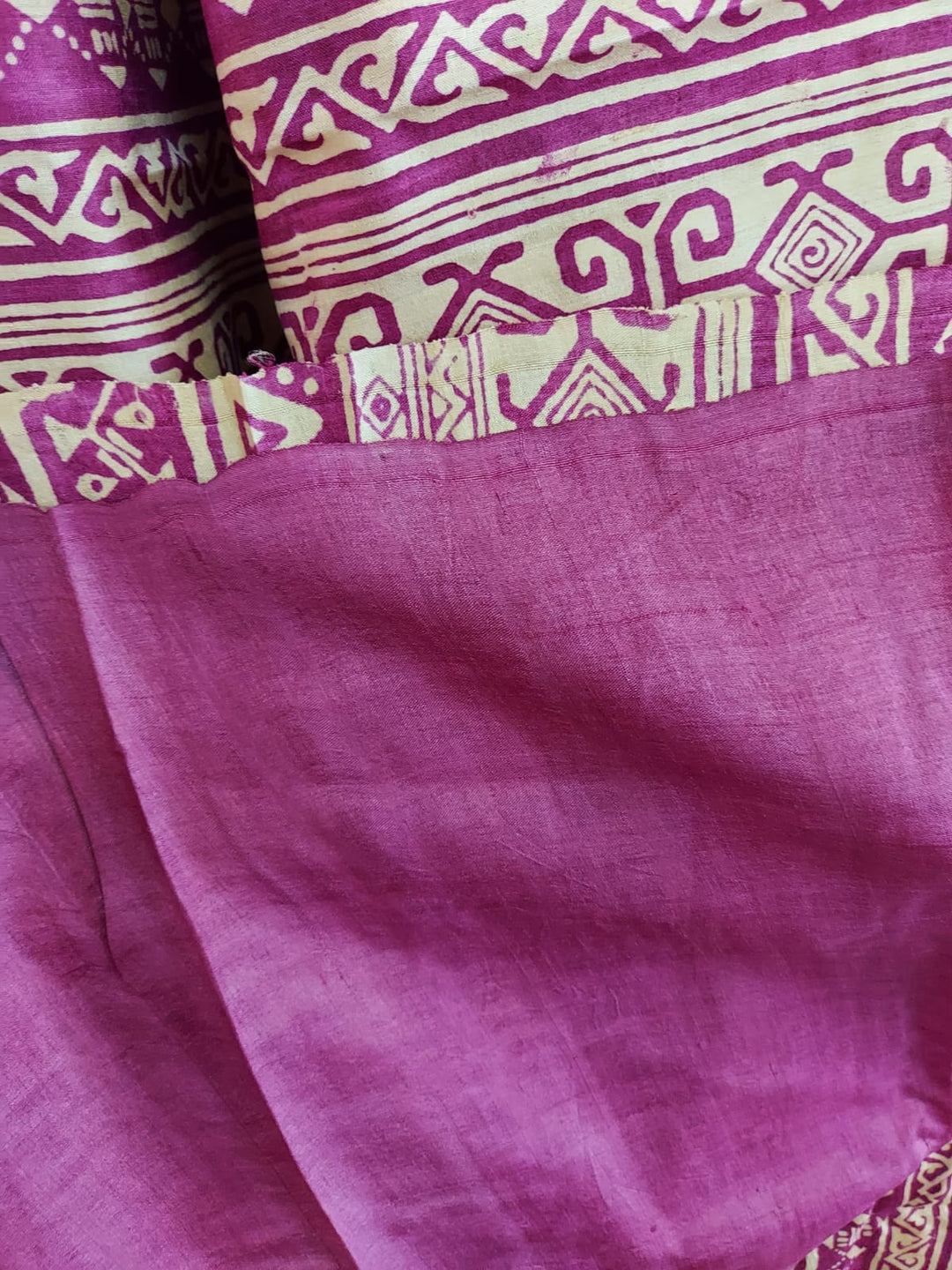 Tussar Silk Handblock Print Saree in Magenta & Beige By Balaram Saha