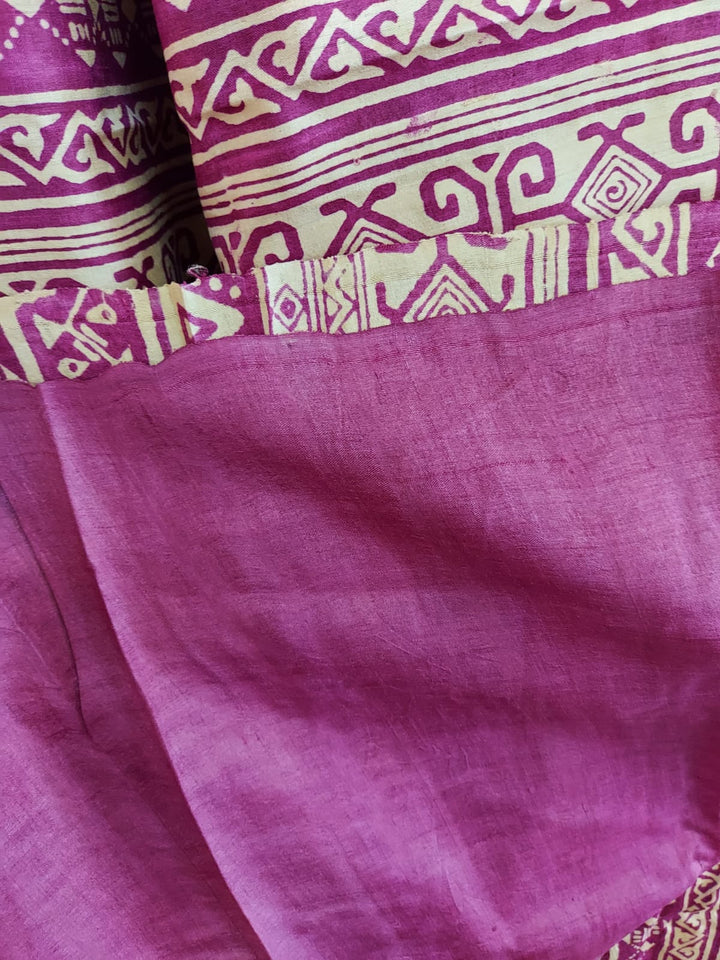 Tussar Silk Handblock Print Saree in Magenta & Beige By Balaram Saha
