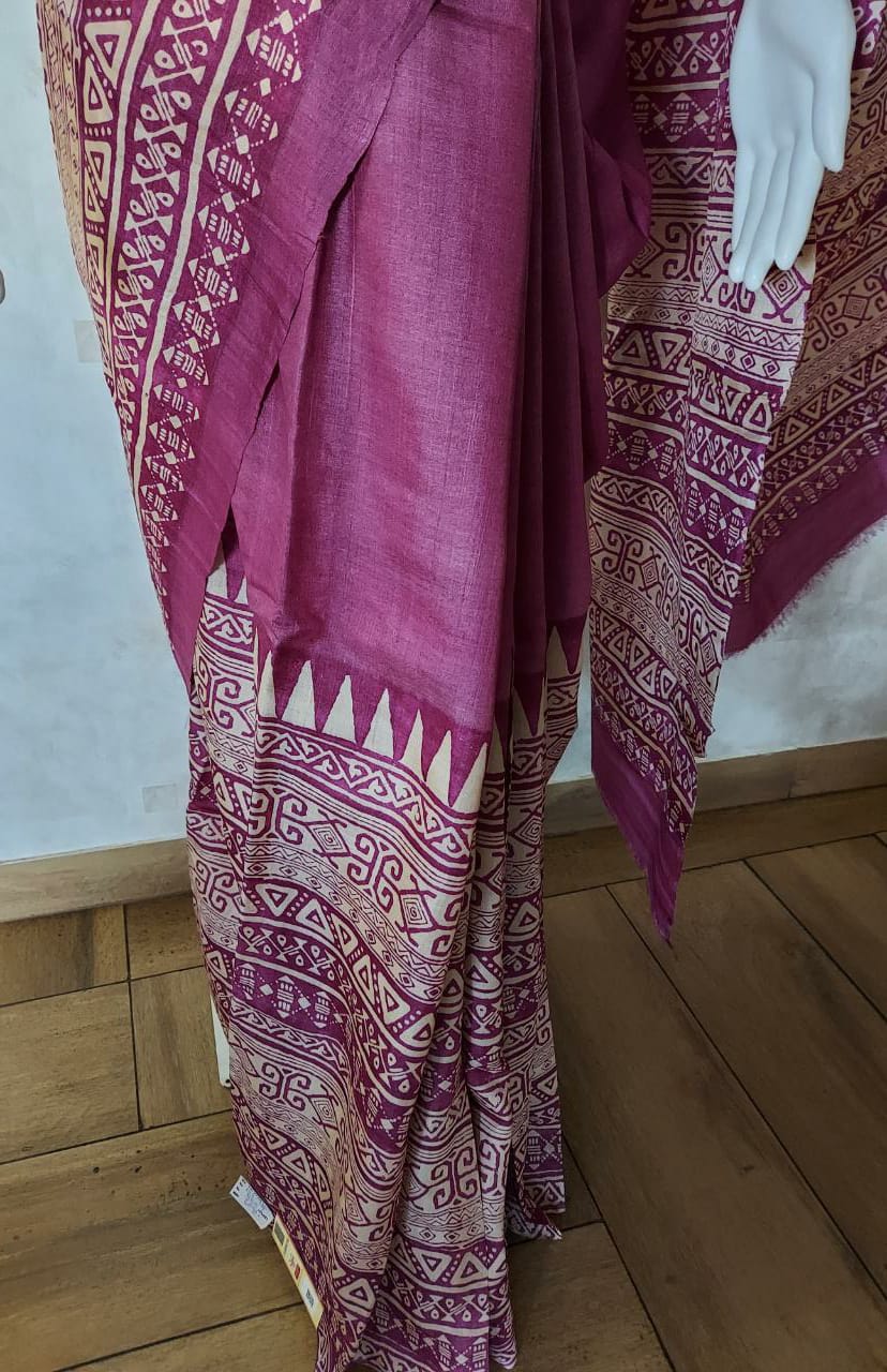 Tussar Silk Handblock Print Saree in Magenta & Beige By Balaram Saha