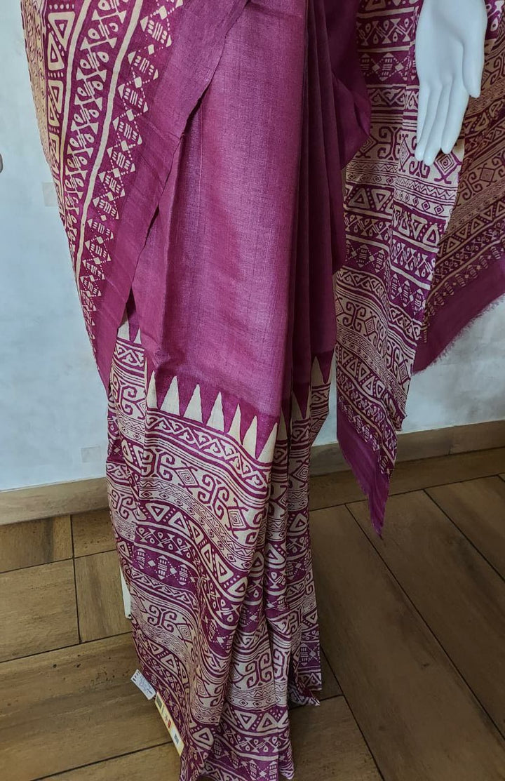 Tussar Silk Handblock Print Saree in Magenta & Beige By Balaram Saha
