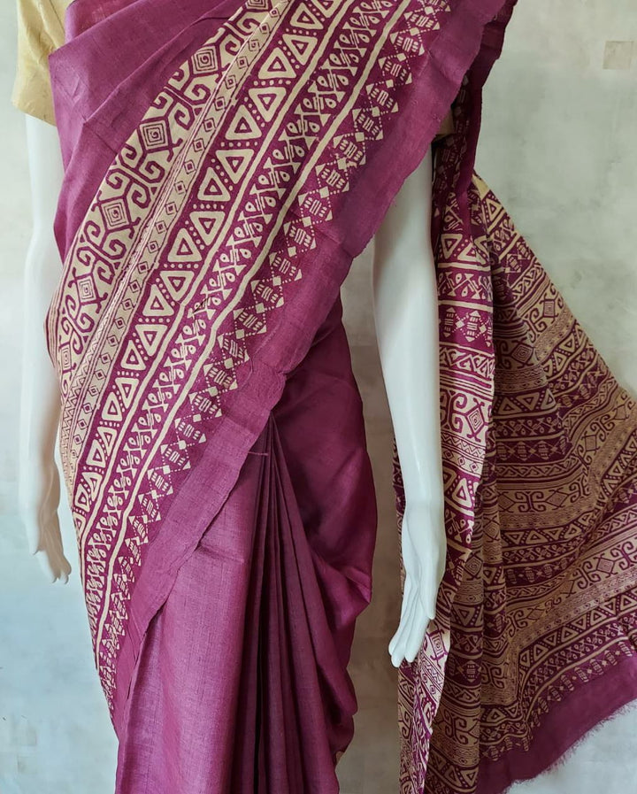 Tussar Silk Handblock Print Saree in Magenta & Beige By Balaram Saha