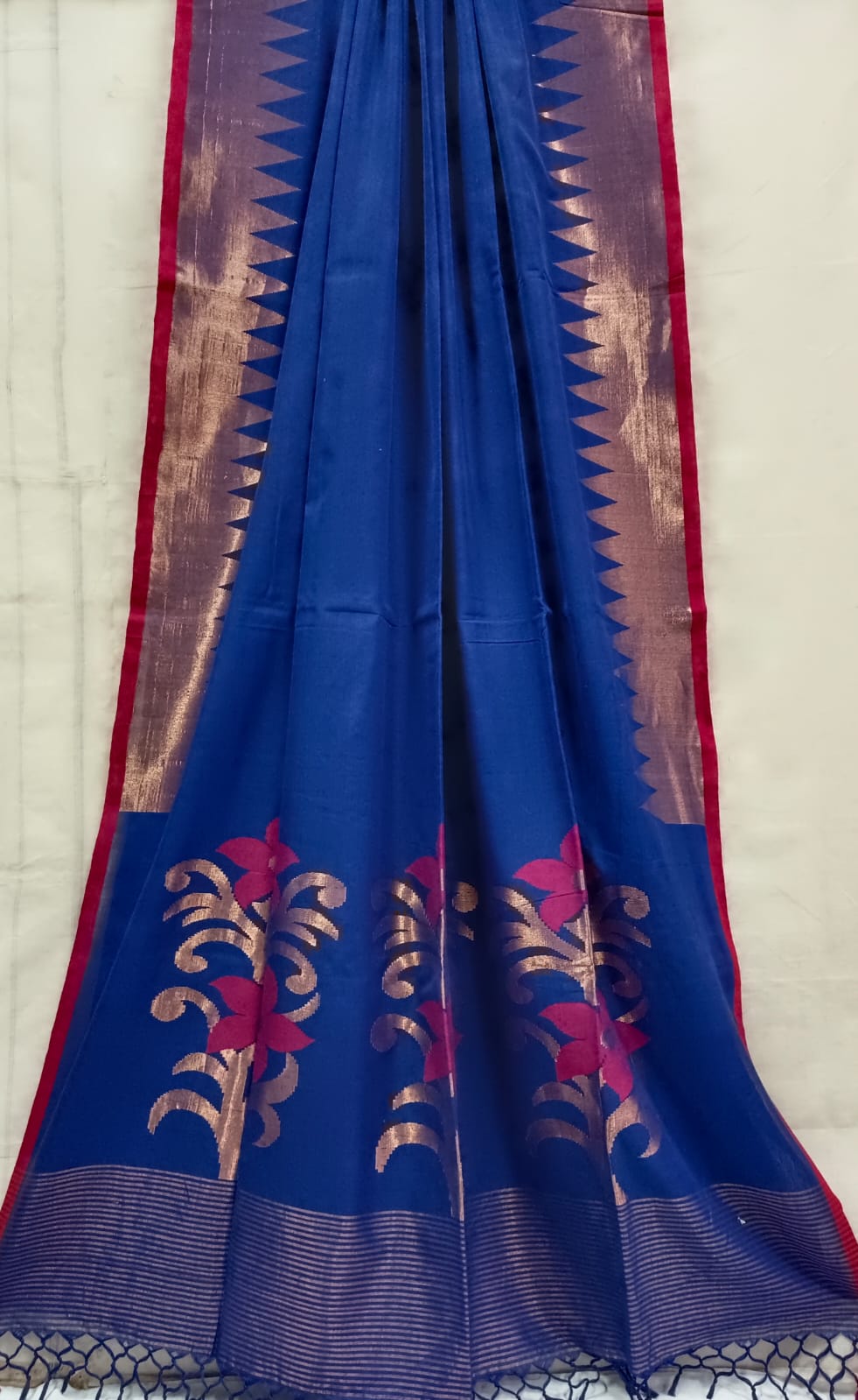 Handloom Soft Cotton Saree by Balaram Saha – Navy Blue & Red Tradition