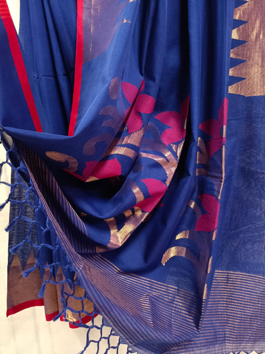 Handloom Soft Cotton Saree by Balaram Saha – Navy Blue & Red Tradition