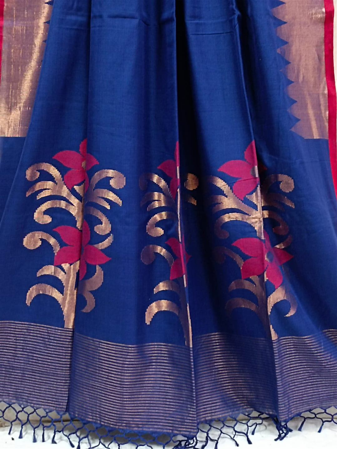 Handloom Soft Cotton Saree by Balaram Saha – Navy Blue & Red Tradition