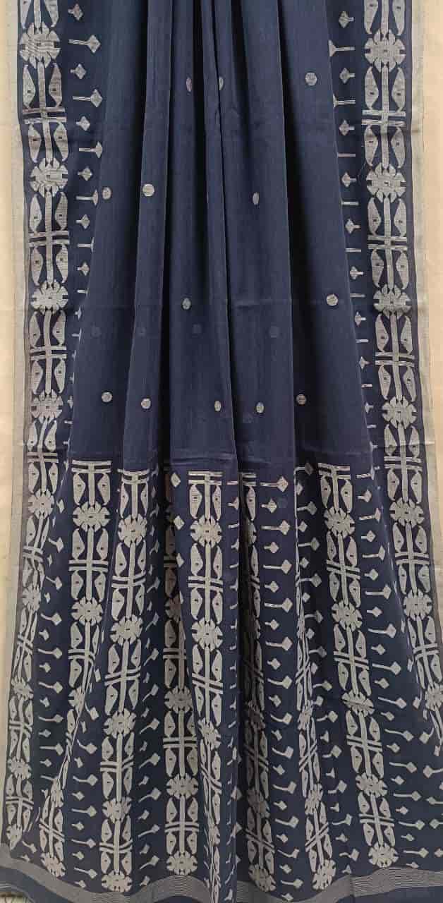 Navy Blue & White Soft Muslin Cotton Saree Balaram Saha
