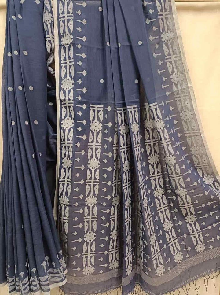 Navy Blue & White Soft Muslin Cotton Saree Balaram Saha
