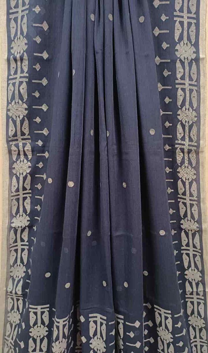 Navy Blue & White Soft Muslin Cotton Saree Balaram Saha
