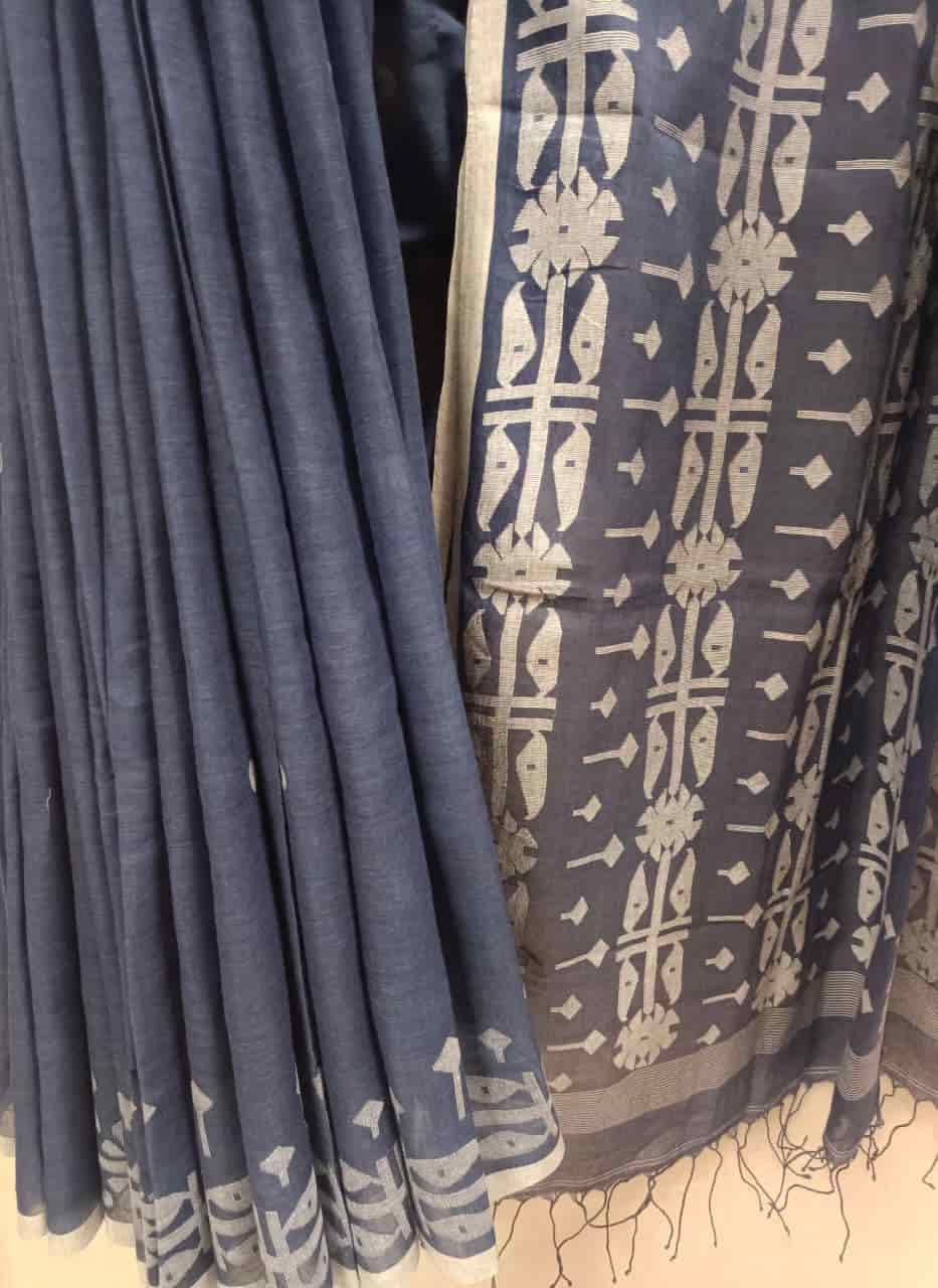 Navy Blue & White Soft Muslin Cotton Saree Balaram Saha