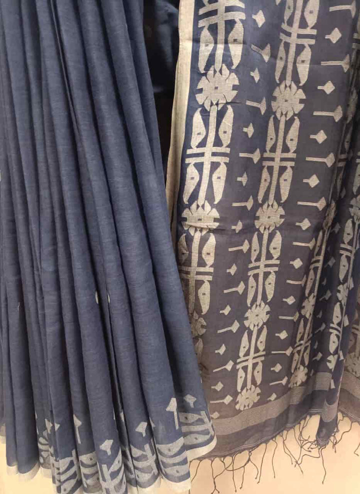 Navy Blue & White Soft Muslin Cotton Saree Balaram Saha