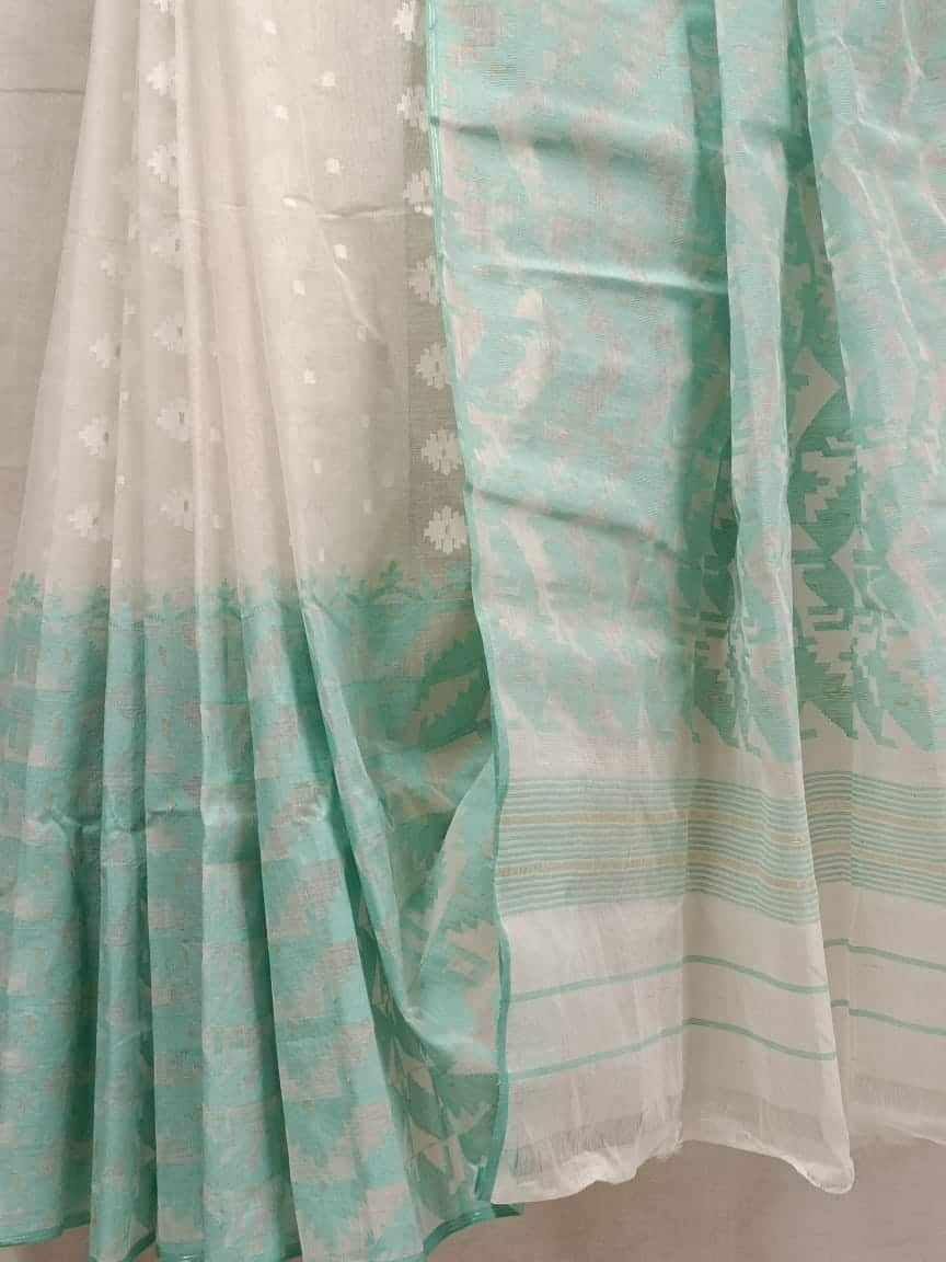 White & Sea Green Cotton Bangladesh Dhakai Jamdani Saree Balaram Saha