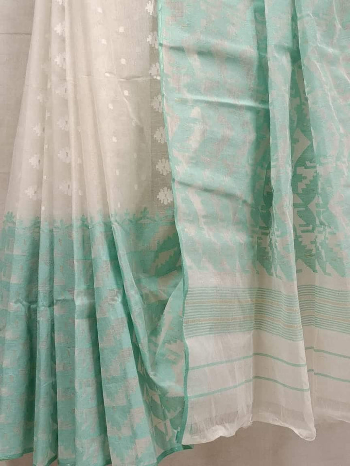 White & Sea Green Cotton Bangladesh Dhakai Jamdani Saree Balaram Saha