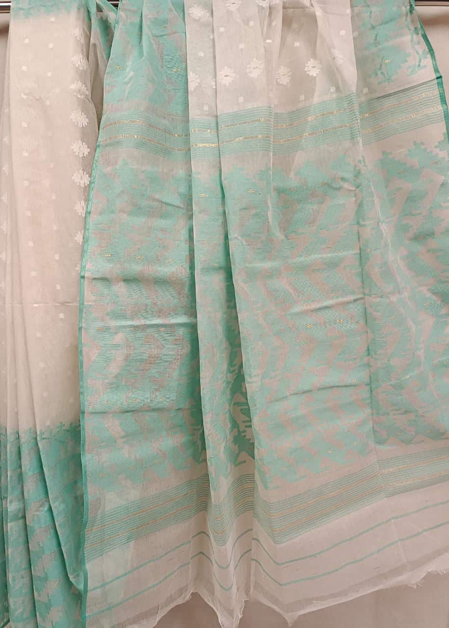 White & Sea Green Cotton Bangladesh Dhakai Jamdani Saree Balaram Saha