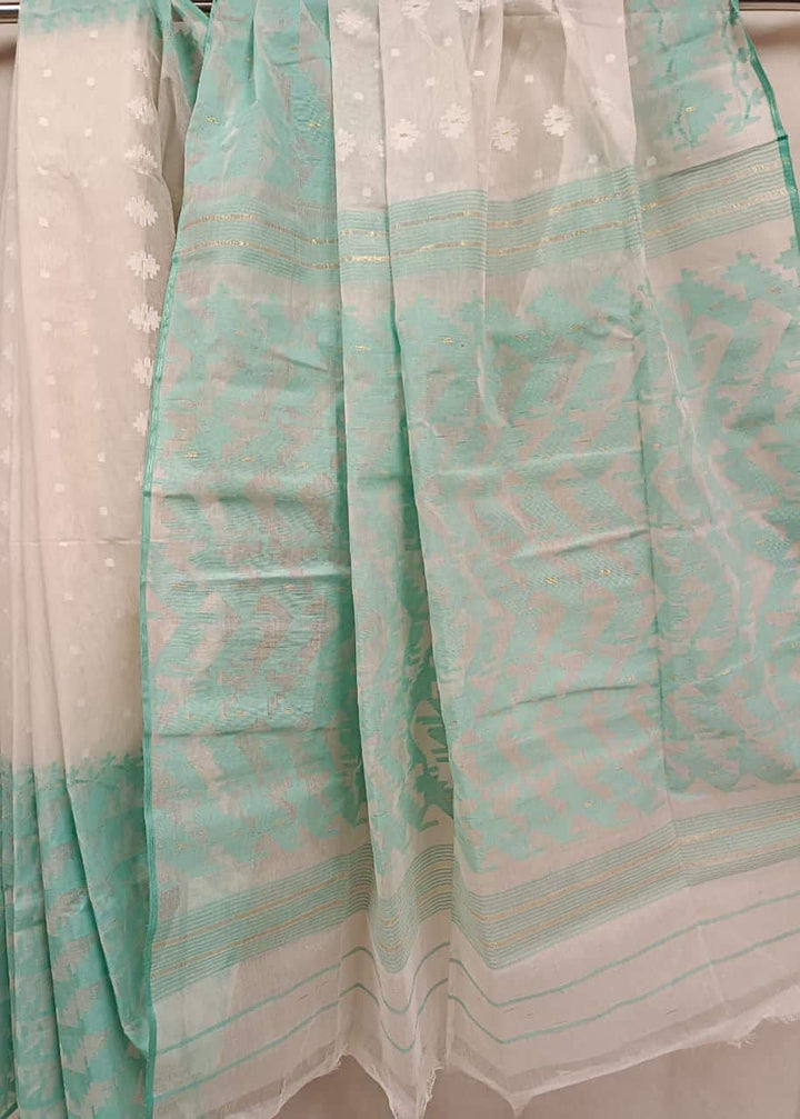White & Sea Green Cotton Bangladesh Dhakai Jamdani Saree Balaram Saha