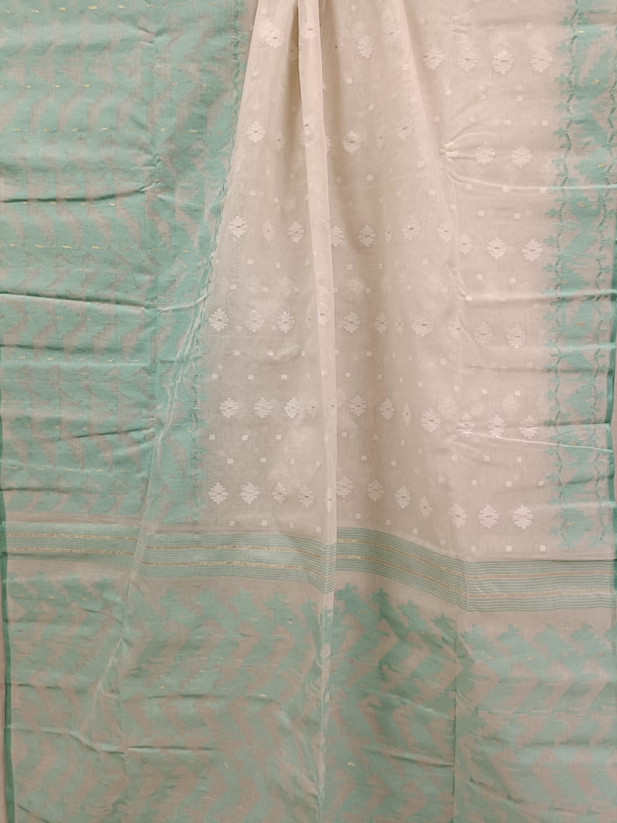 White & Sea Green Cotton Bangladesh Dhakai Jamdani Saree Balaram Saha