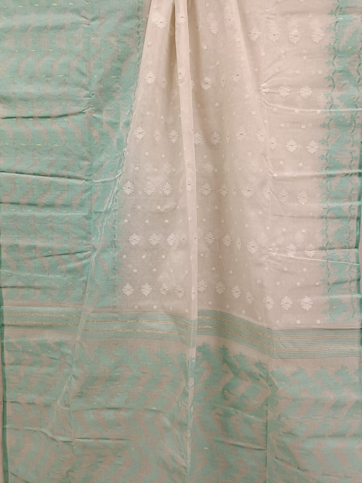 White & Sea Green Cotton Bangladesh Dhakai Jamdani Saree Balaram Saha