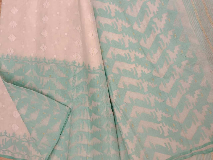 White & Sea Green Cotton Bangladesh Dhakai Jamdani Saree Balaram Saha