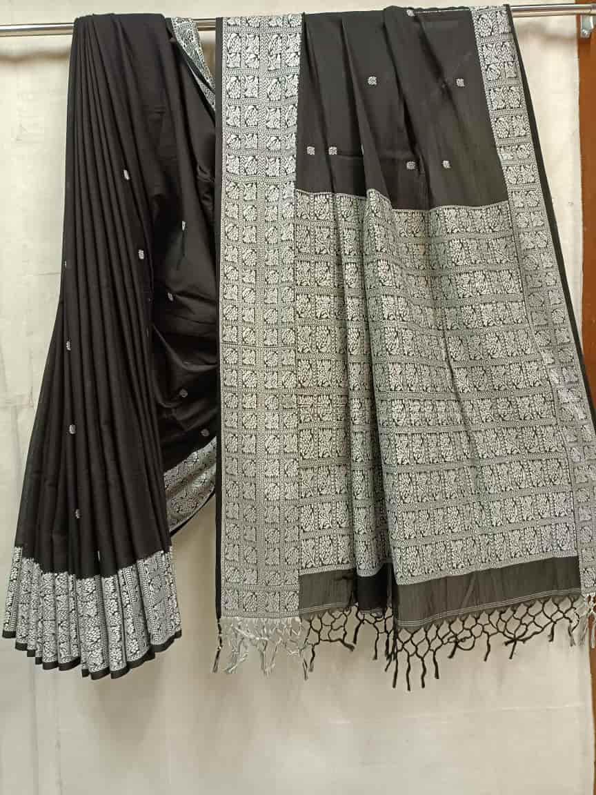 Handloom Cotton Saree by Balaram Saha – Black & White with Woven Border